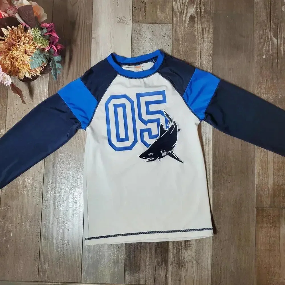 Gymboree Boys Size Large 10-12 White & Blue Shark Long Sleeve Rashguard UPF 50+